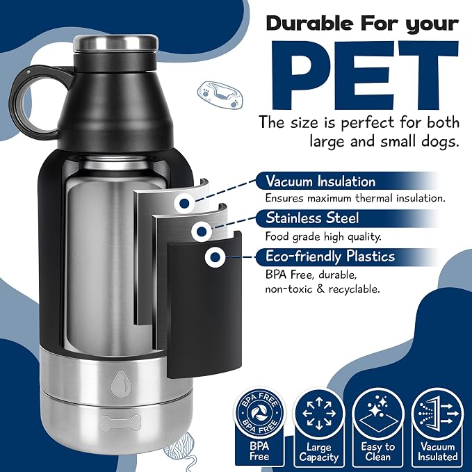 Portable Dog Water Bottle with 2 Removable Water Bowls for Dogs – Leak-Proof Insulated Stainless Steel Dog Water Bottle - Travel Accessories for Dogs - 32oz - Black