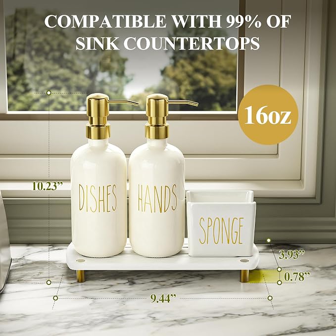 Cisily Kitchen Soap Dispenser Set Comes with Ceramics Sponge Holder, Gold Pumps, and Instant Dry Tray, Hand and Dish Soap Dispenser Set (4, Gold + Off White + Sponge Holder)