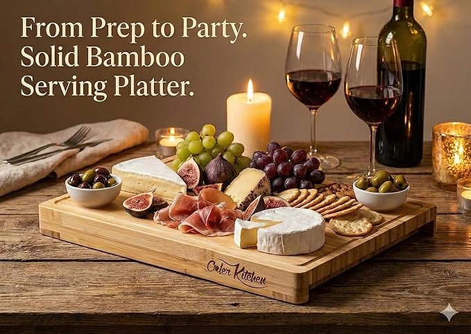 Cooler Kitchen Bamboo Wood Cutting Board Set with 6 Color Coded Flexible Plastic Chopping Mats with Food Icons, Wooden Cutting Boards for Kitchen, Wooden Chopping Board Non Toxic Dishwasher Safe