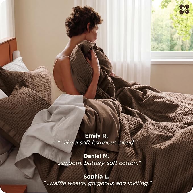 Bedsure Cotton Duvet Cover Set - 100% Cotton Waffle Weave Chocolate Brown Duvet Cover California King Size, GentleSoft™ and Breathable Cal King Bedding Set for All Season, 3 Pieces, 104"x98"