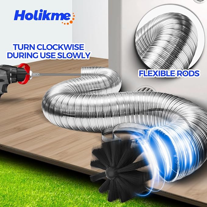 Holikme Dryer Vent Cleaner Kit - 30Ft Fireplace Chimney Brushes Flexible | Dryer Vent Cleaner Brush with Drill Attachment, Removes Years of Lint Buildup, Faster Drying & Fire Safety, Gray