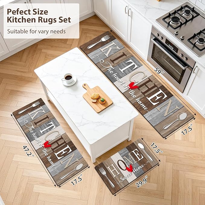 Kitchen Rugs Set 3 Piece, Non Slip Kitchen Mats for Floor, Soft Fabric with Rubber Backing, Farmhouse Anti Fatigue Runners Carpet for Home Kitchen Laundry Room Hallway (Rustic Brown & Grey)