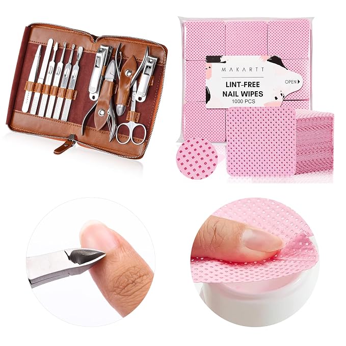 Makartt Lint Free Nail Wipes & Nail Polish Remover Pads Bundle with 11-Piece Stainless Steel Manicure Kit