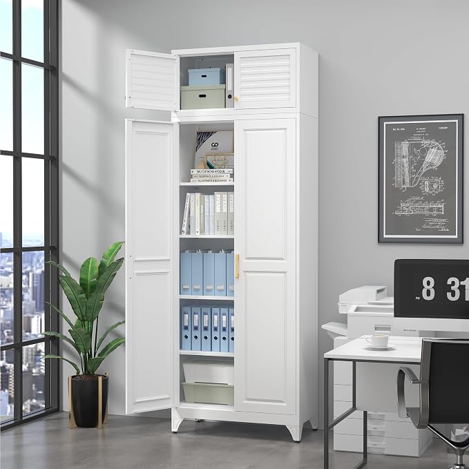 SteeLoong 90”Metal Pantry Storage Cabinet with Doors & 4 Adjustable Shelves | Kitchen Pantry Cabinet,White Kitchen Cabinet with 4 Gold Handles,Tall Cabinet for Livingroom,Pantry, Bathroom,Kitchen,Garage