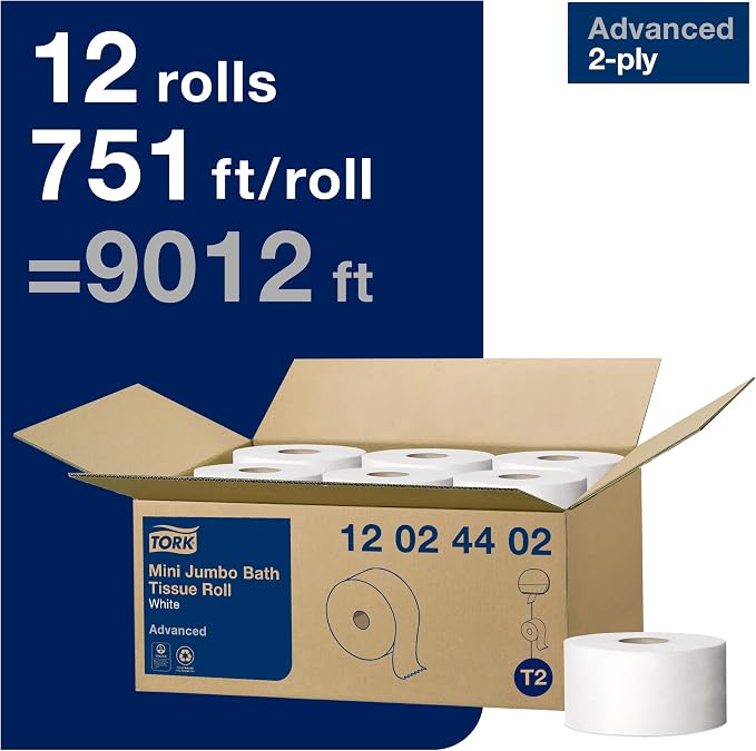 Tork Matic Paper Hand Towel Roll White H1 (6 Rolls) and Tork Mini Jumbo Toilet Paper Roll White T2 (12 Rolls)