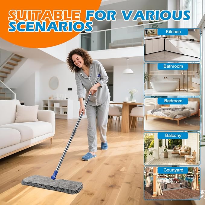Masthome Dual Sided Flip Mop, Wet Dry Microfiber Dust Mop with 4 Pads & Scraper, 360° Swivel for Hardwood, Laminate, Tile, Pet Hair Cleaning