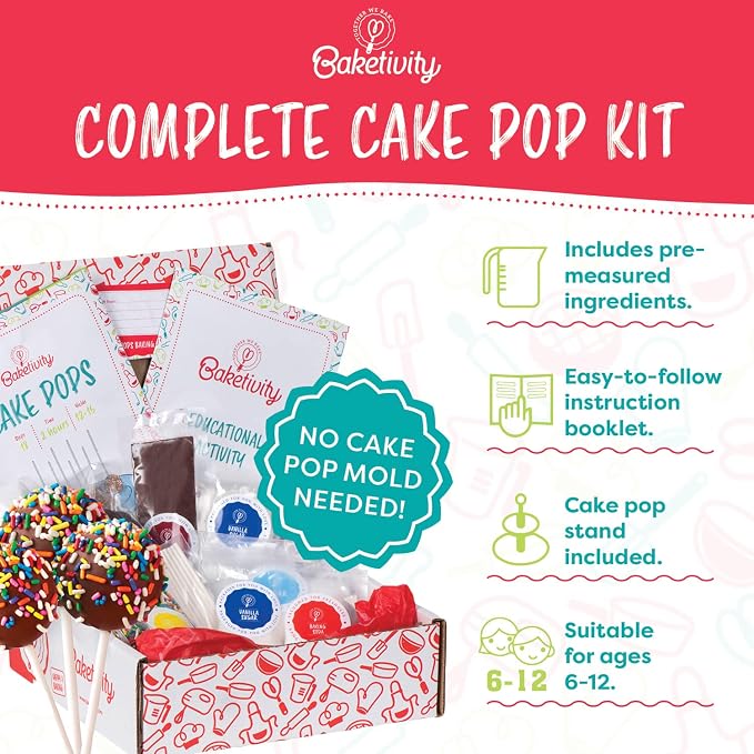 Baketivity 4 in 1 Kids Baking Set Mega Kit - Cake Pop Kit with Stand - Kids Apron and Chef Hat Set - Bake Away Cookbook - Cooking Real Utensils - Baking Gifts for Girls & Boys