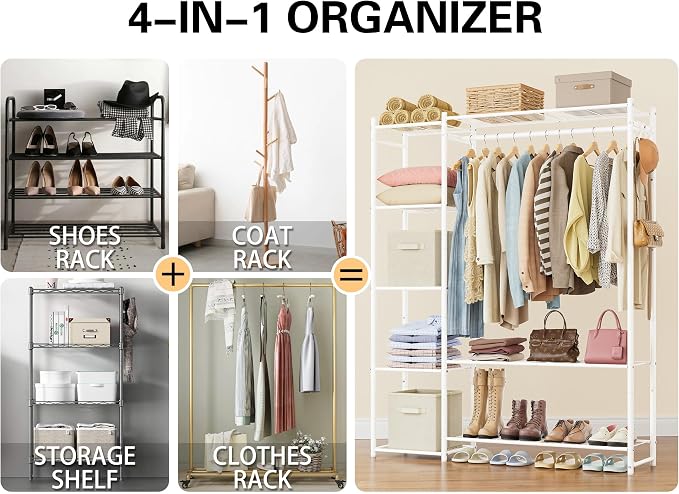 Wardrobe Closet,Portable Clothes Rack with 4 Tiers Shelves,Freestanding Closet Organizers and Storage System with Hanging Rods,Steel Clothing Rack Suitable for Cloakrooms,Bedrooms,Entrances,etc.White