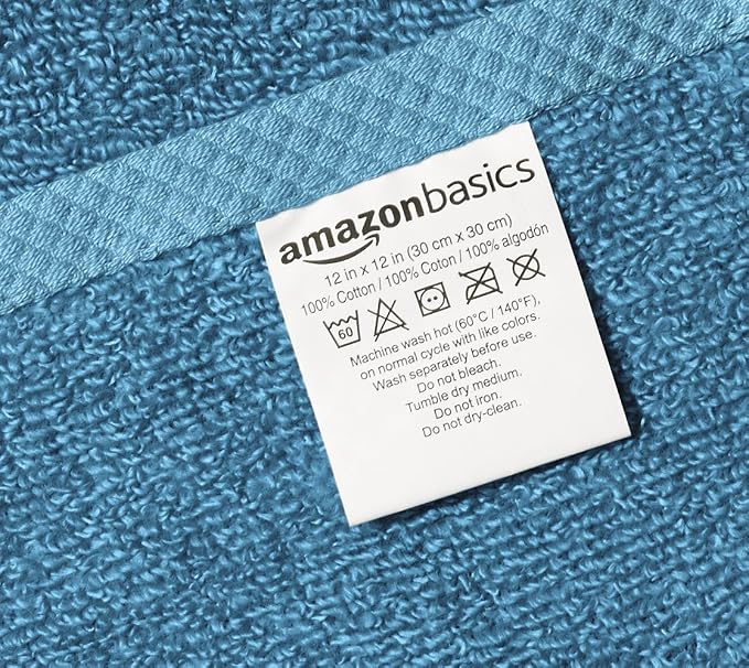 Amazon Basics Soft Cotton Washcloths, Quick-Dry, 12" x 12", 12-Pack, Lake Blue