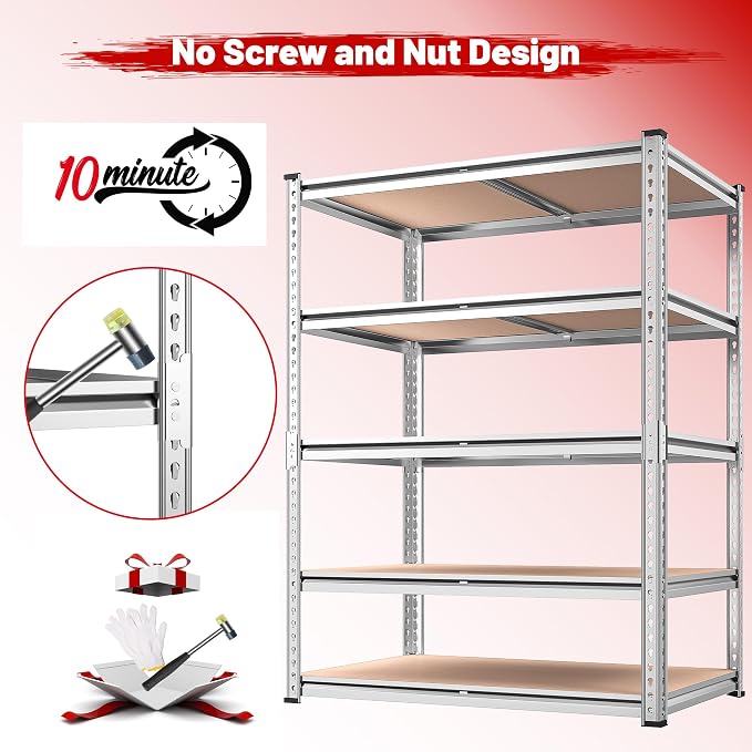 REIBII 2020LBS Garage Shelving Heavy Duty 5 Tier Storage Shelves Adjustable Metal Shelving for Basement, Warehouse, Pantry, Closet, Kitchen, Easy Assembly, 72" H x 36" W x 16" D, Galvanized