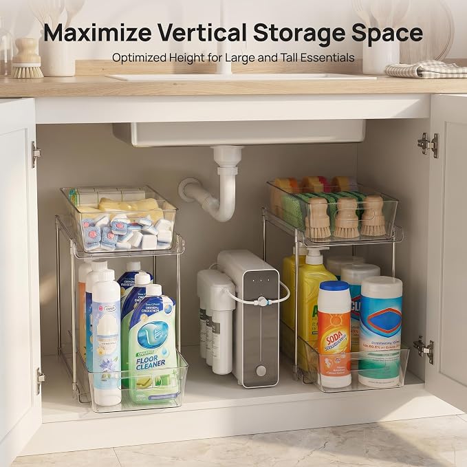 Vtopmart 2 Pack Plastic Larger Higher Bathroom Kitchen Under Sink Organizer (M-Higher)