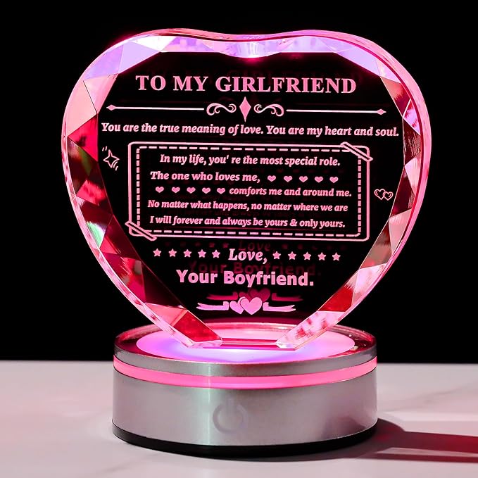 Gifts for Girlfriend Crystal Heart with LED Base Gifts to My Girlfriend from Boyfriend Romantic Anniversary Birthday I Love You Gifts for Her