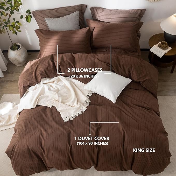 Stripe Duvet Cover King Size 104inch x 90inch,100% Washed Cotton Pinstripe Duvet Cover with Zipper Closure and 2 Pillowcases, Color of Cocoa Brown-Black Stripe
