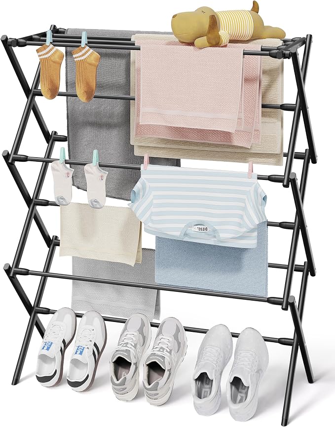 Sakugi Foldable 3-Tier Clothes Drying Rack 37.4" H with Non-Slip Feet | Indoor & Outdoor Use, Space Saving, Metal Frame, 11.4" D x 29.1" W, Black