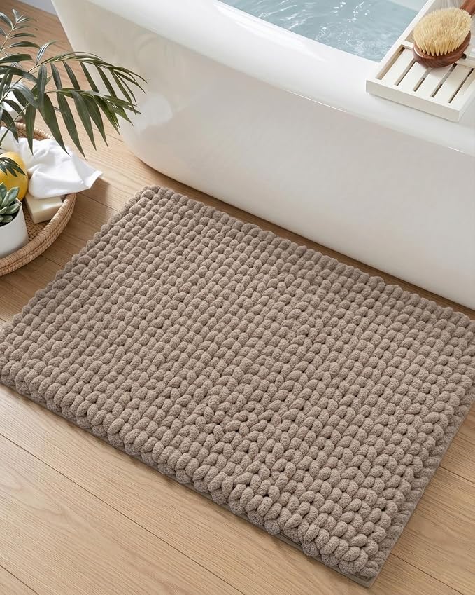 DEXI Bathroom Rugs 30x17, Non Slip Washable Bath Mat, Luxury Chenille Super Absorbent Ultra Thick Bathmats for Shower Floor, Plush Fluffy Shaggy Carpet for Tub, Taupe