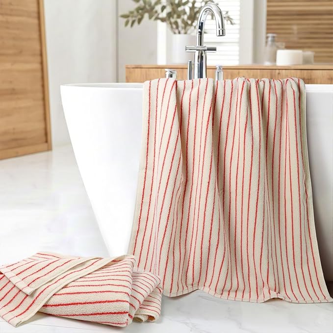 Striped Bath Towels Set of 2 (Coral Red), Lighter & Quick Dry Towels | Large 27.5 x 55 inches, Farmhouse for Bathroom Decor, Shower, Pool Days