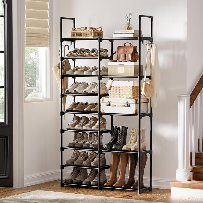 WOWLIVE 9 Tiers Shoe Rack Shoe Storage Shoe Organizer 30-35 Pairs Shoe Tower Unit Shelf Durable Metal Pipes with Plastic Connectors Stackable Cabinet Black(SSS2B9)