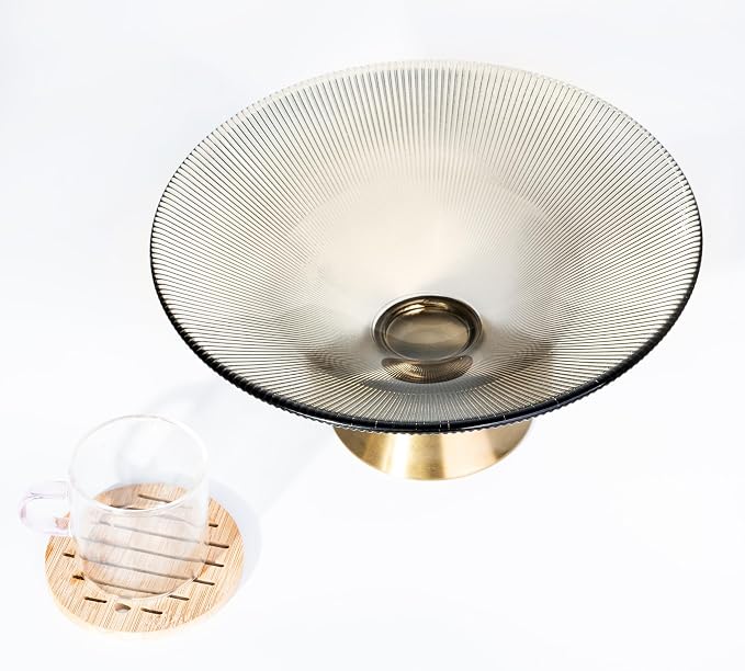 Tapered Glass Decorative Bowl(Coffee Brown) ,9.8 Inches Handblown Striped Design Glass Bowl with Rust Resistant Metal Base,Decor Fruit Bowl for Home Decor,Table Centerpiece,Kitchen Island,Dining Decor