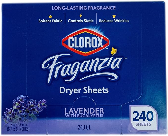 Clorox Fraganzia Fabric Softener Dryer Sheets Wrinkle Reducing Anti Static Softens Fabrics Fresh Lavender with Eucalyptus Scent 240 Count Single Box for Home Dorm and Laundry Room Everyday Use
