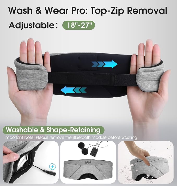 Sleep Mask with Headphones Bluetooth 5.4, TOPOINT Blackout Eye Mask for Sleeping Headphones Earphones with Soft Bamboo Cotton Cooling Breathable, HD Stereo Speaker for Side Sleepers Women Men Travel