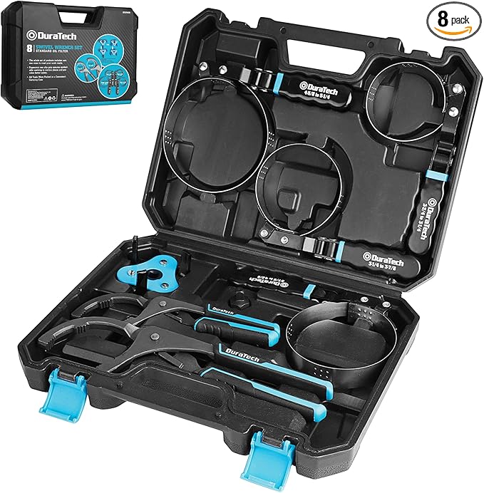 DURATECH 8-Piece Oil Filter Swivel Wrench Set, Wrenches Cover 2-3/4" to 5-1/4", 9" & 12" Adjustable Oil Filter Pliers, Universal 3-Jaw Removal Tool with 1/2" to 3/8" Adapter, Organized in Storage Case