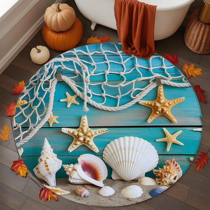 4 Ft Round Rug for Home Office, Beach Starfish Indoor Accent Rugs for Living Room, Ocean Conch Fishing Net Blue Wood Grain Decorative Circle Carpet Washable Low Pile Non Slip, Soft Rug for Bedroom