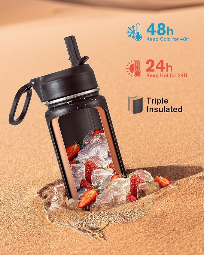 Coolflask Water Bottle 24 oz Insulated with Straw, Stainless Steel Metal 3 Lids Water Flask Wide Mouth for Sports or Office, Non-BPA Keep Cold Up to 48 Hrs or Hot Up to 24 Hrs, Starry Night