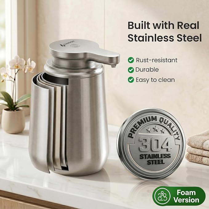 GentleJet NovaJet Automatic Foaming Soap Dispenser Touchless Sensor, USB-C Rechargeable, 304 Stainless Steel, IPX5 Waterproof for Bathroom Kitchen Sink, 12 oz / 350 ml