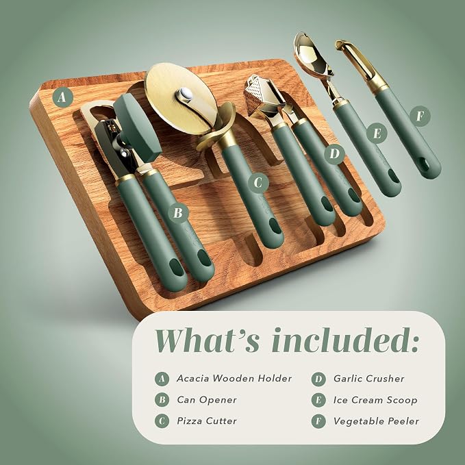 COOK WITH COLOR 6-Piece Kitchen Tool Set with Acacia Wood Cutting Board, Can Opener, Pizza Cutter, Garlic Press, Scoop & Peeler, Sage