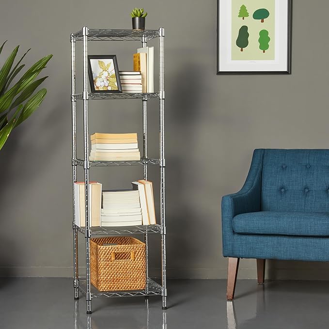 Amazon Basics 5-Shelf Tower Adjustable Storage Shelving Unit, Chrome, 16" x 16" x 54", 150 lbs Per Shelf | Tower