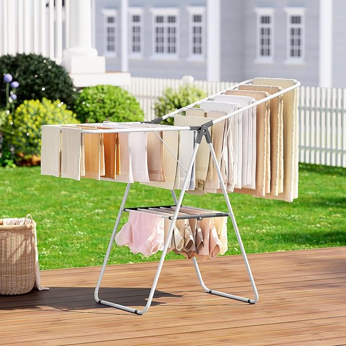 APEXCHASER Foldable Clothes Drying Rack, Adjustable Gullwings Space-Saving Laundry Drying Rack, Indoor Outdoor Use for Laundry Room Balcony Patio, Grey