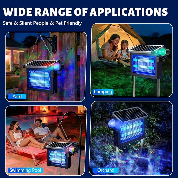 Zechuan Solar Bug Zapper Outdoor, 4500V Electric Mosquito Zapper, IP66 Waterproof Cordless Fly Killer, Type-C Rechargeable with Projection Light for Patio Yard Camping