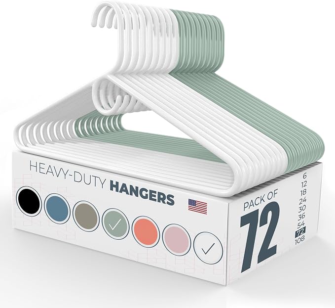 Heavy Duty Clothes Hangers 50+ Pack (72 Count) – Made in the USA – 8lb Capacity Plastic Hangers for Adult Clothing – Durable for Pants, Coats, Jackets, or Jeans – White & Mint