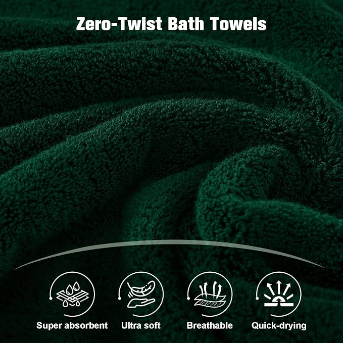 COZYART Luxury Bath Towels 2 PCS, Dark Green 100% Turkish Cotton 650 GSM | OEKO-Tex 100 Certified Zero Twist Ring Spun, Soft Absorbent Quick Dry, Plush Fluffy, Breathable Hotel Quality for Daily Use