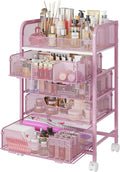 Hongtamoya Makeup Cart Organizer with 4 Drawers, Large Floor Skincare Organizers, Vanity Storage Organizer Cosmetics Display Cases for Skin Care Perfume Nail Polish, Pink