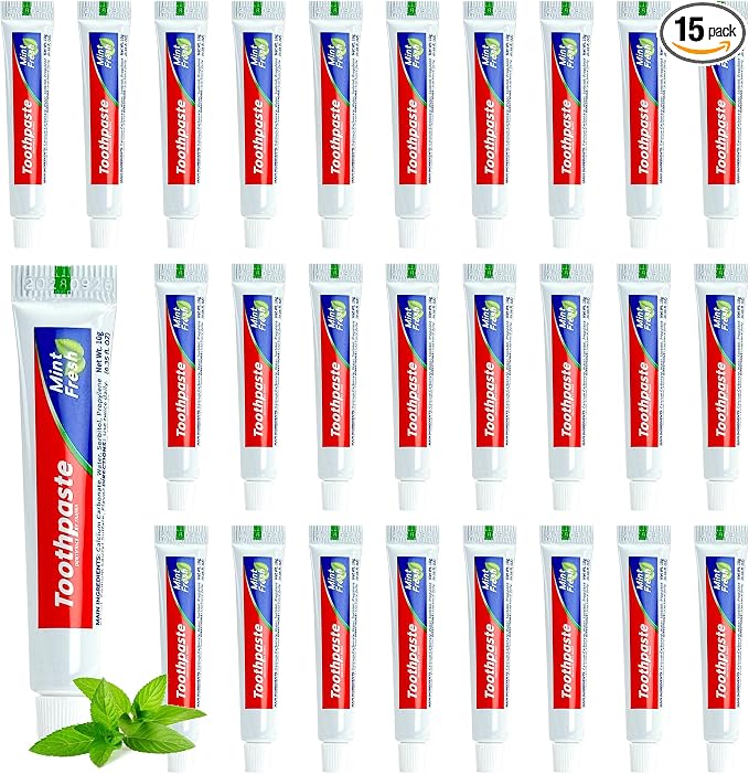 15 Toothpaste in Bulk, Mini Small Toothpaste Mint Toothpastes 0.35oz/10g | Travel Size, for Guests Homeless Hotel Charity Toiletries Camping