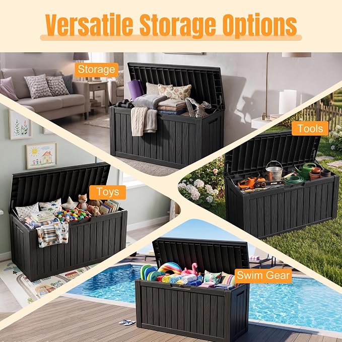 Outdoor Storage Box, 140 Gallon Waterproof Resin Deck Box with Support Rod | UV Resistant Lockable Package Delivery Bin, Shoe, Patio & Garden Tools Storage, Toy Cabinet, Ottoman, Indoor/Outdoor