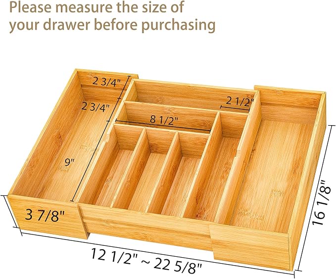 BAMEOS 3.9inch Tall Bamboo Drawer Organizer, Expandable Utensil Holder with 8 Compartments, Adjustable Kitchen Drawer Divider for Flatware, Silverware and Gadgets, Deep Storage for Home and Office