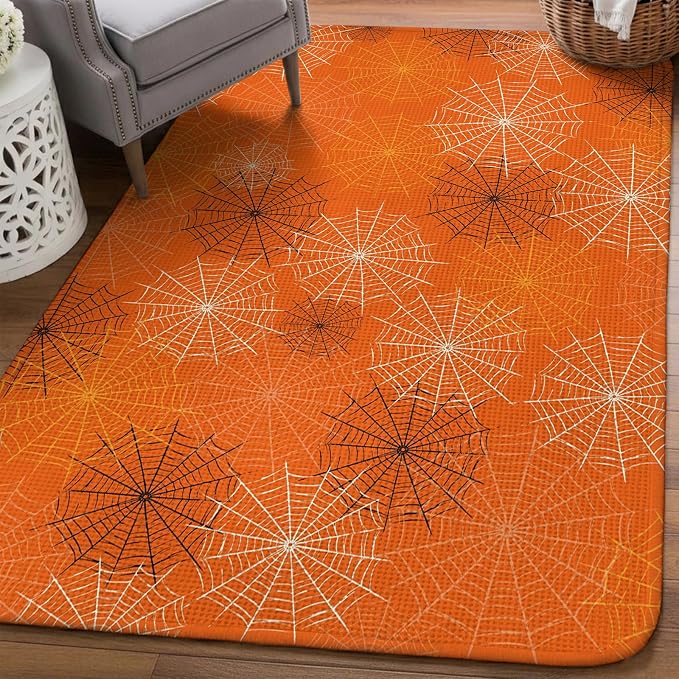 Orange Halloween Washable Area Rugs for Living Room Bedroom, Large Non Slip Indoor Floor Carpet Absorbent Low Pile Black White Net Halloween Door Mat Rugs for Bathroom Entryway 63"x78.7"