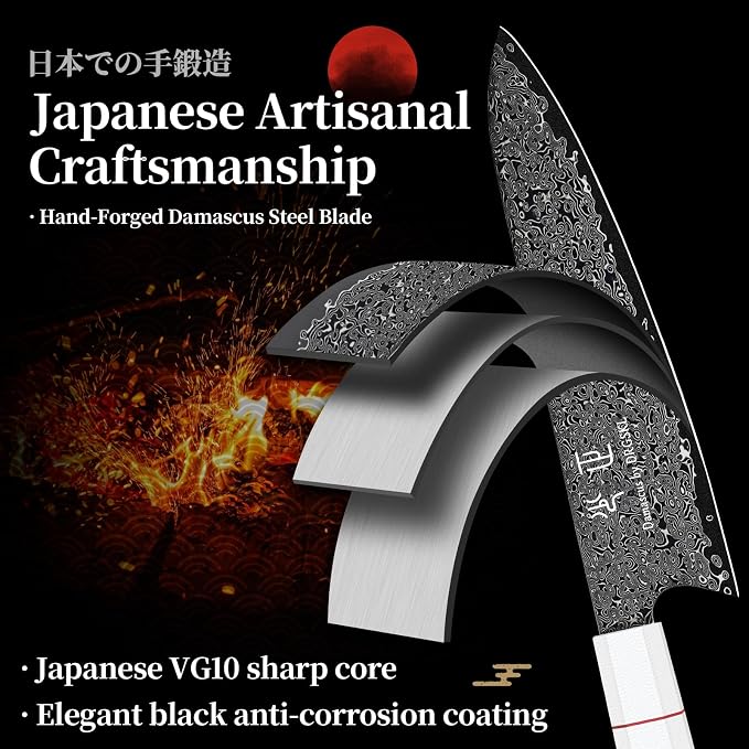 DRGSKL Japanese Knife Set Damascus - VG10 Kitchen Knife Set 3 PCS | Japanese VG10 Core, Black Anti-corrosion Coating, Damascus Blade, G10 Handle, Gift Box, Wet Edge Grinding Technology