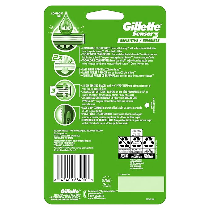 Gillette Sensor3 Sensitive Men's Disposable Razor, 12 Razors (Pack of 6)