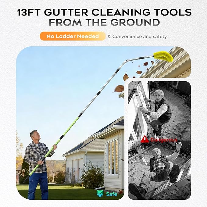 13ft Gutter Cleaning Tools from The Ground, 3-in-1 Gutter Cleaner with Replaceable Brush Rake Scoop, 180° Adjustable Rotating Stainless Steel Pole for Leaves & Debris Removal, Yellow