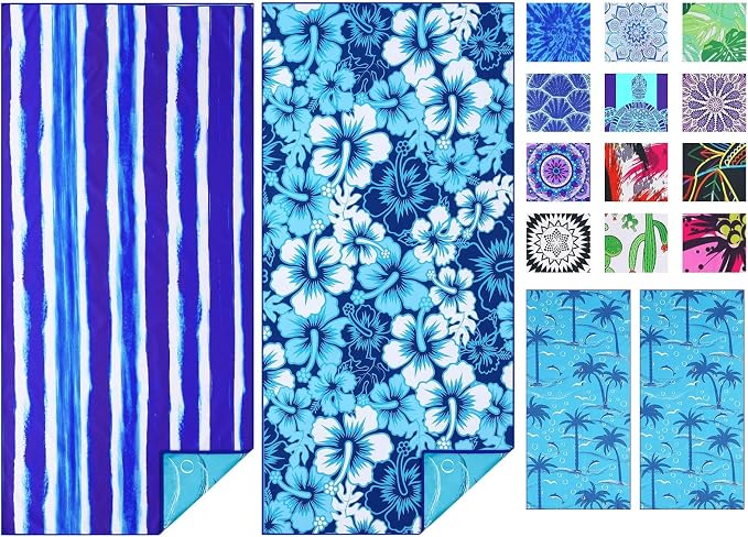 TwoYek Microfiber Beach Towel Extra Large 71x32 Stripes Floral 2 Pack | Thin & Lightweight, Sand Free, Super Absorbent & Quick Dry, Oversized Towels for Beach Bath Pool Swim Travel Essentials Gift