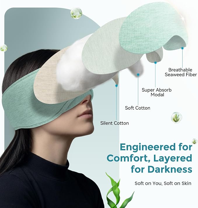 LC-dolida Sleep Masks with Bluetooth Headphones, Soft Seaweed Fiber Cotton Bluetooth Sleep Mask, Total Blackout Fully Wrapped Sleep Mask for Side Sleepers, Travel Meditation Gift, Green