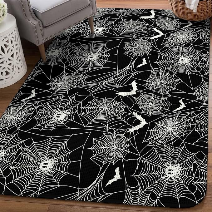 Halloween Washable Area Rugs for Living Room Bedroom, Large Non Slip Indoor Floor Carpet Absorbent Low Pile Black Scary White Bat Animal Net Geometric Door Mat Rugs for Bathroom Entryway 63"x78.7"