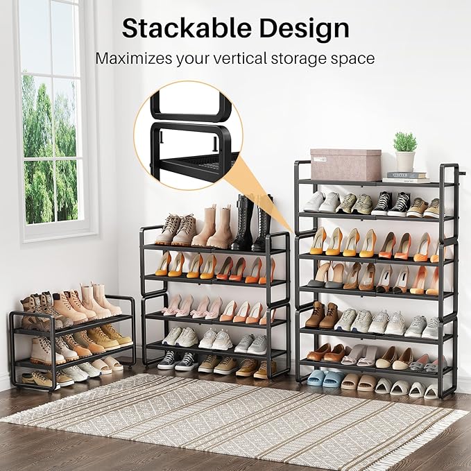 SNTD Shoe Rack - Expandable Shoe Organizer for Closet, Adjustable Metal Shoe Shelf Storage, Stackable Long Shoe Stand Holder for Garage, Entryway, Door Entrance (Black, 6-Tier)