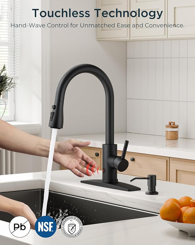 FORIOUS Black Touchless Kitchen Faucet with Soap Dispenser, Hands-Free, Smart Motion Sensor, Contemporary Bar Sink Faucet with Pull Down Sprayer for Farmhouse RV Camper