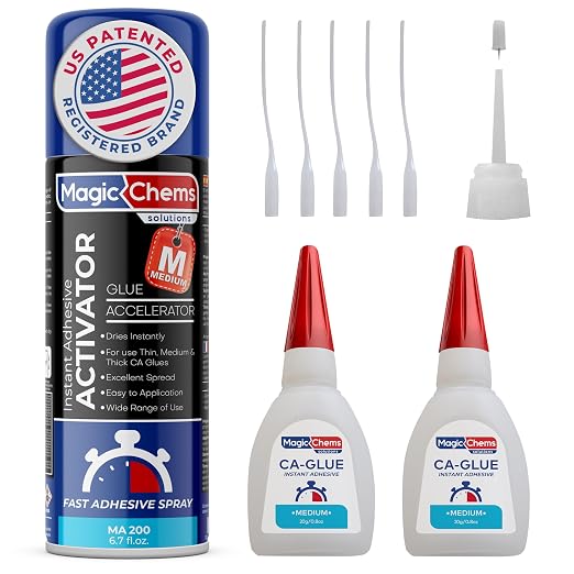 Magic Chems CA Glue with Activator Kit (2 x 0.8 oz Glue + 6.7 fl oz Activator), Cyanoacrylate Adhesive for 3D Printing & Acrylic, Strong Bond Super Glue Accelerator Set (1 Pack)