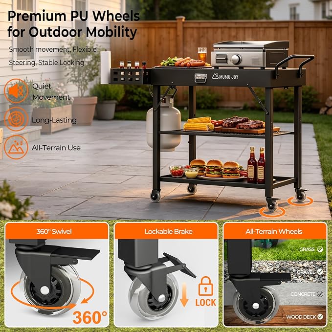 Grill Cart, 19 inch,3 Tier Foldable Grill Table with Wheels 500 Lb | Tool-Free Setup and Locking wheels Blackstone Table adds prep space for 17” or 22” Blackstone, Ninja, Cuisinart, Ooni Grills