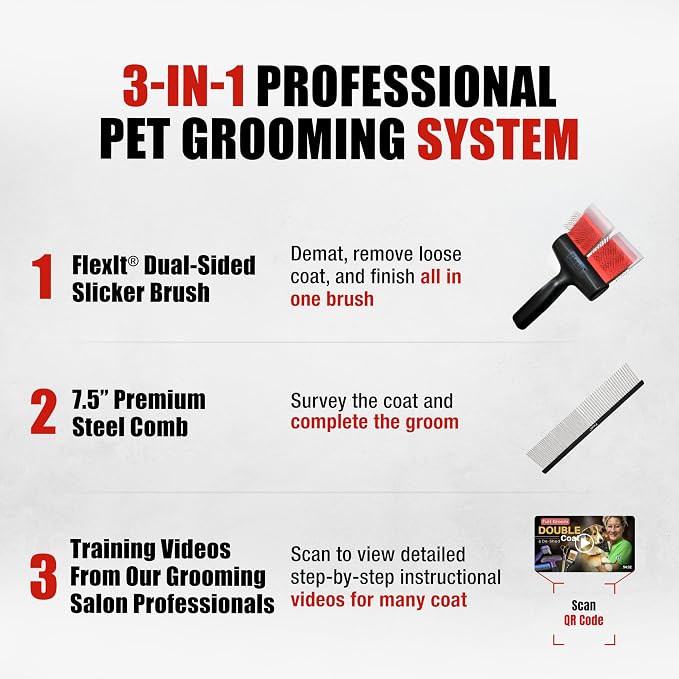 FlexIt Home - Flexible Slicker Brush for Dogs (Double, Firm Flex) | Dog Grooming Brush for Poodles, Golden Doodles, Huskies, Retrievers, and Labradoodles | 3-in-1 System & Video Trainings
